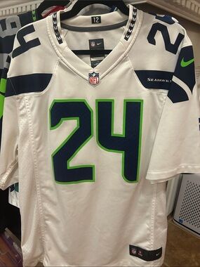 Nike White Seattle Seahawks #24 Lynch Football Jersey with Navy and Lime Trim